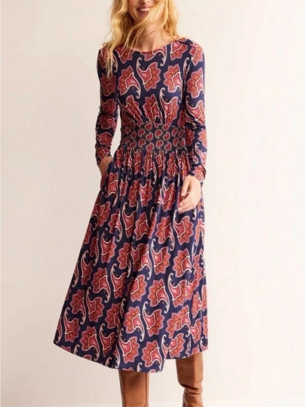 Boden Navy Long-Sleeve Thea Paisley Midi Dress French navy size 4